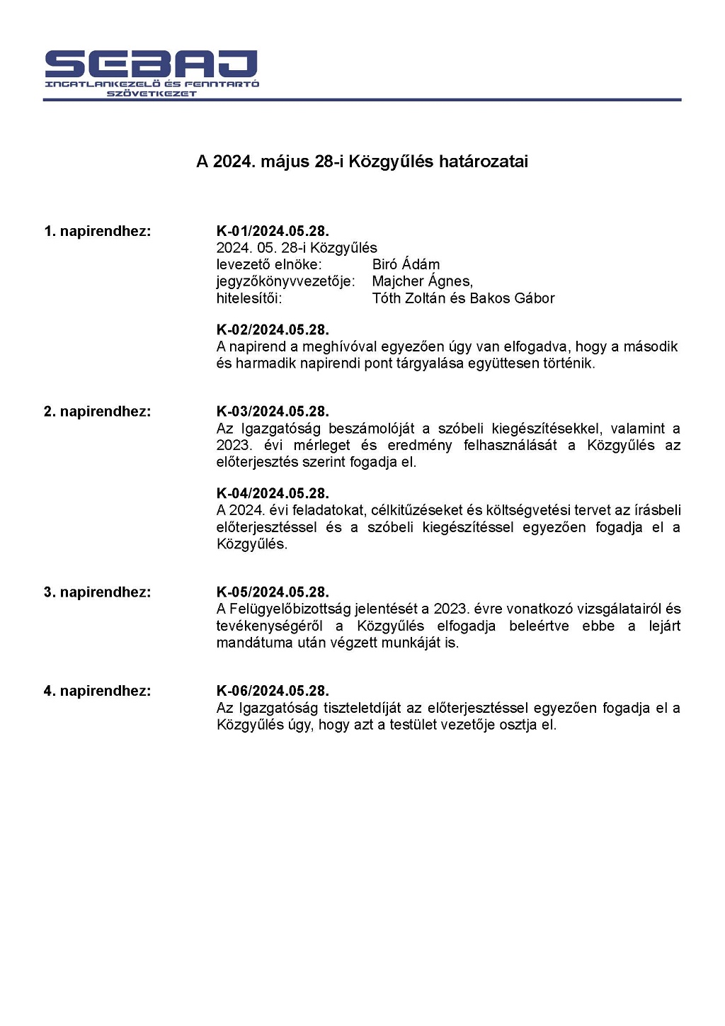 A 2024. évi Közgyűlés határozatok